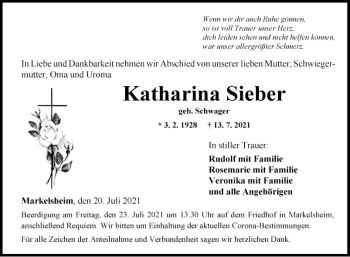 Traueranzeige von Katharina Sieber von Fränkische Nachrichten