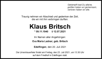 Traueranzeige von Klaus Britsch von Fränkische Nachrichten