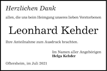 Traueranzeige von Leonhard Kehder von Schwetzinger Zeitung