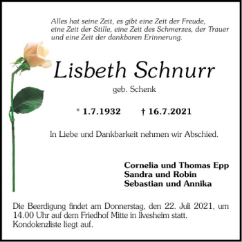 Traueranzeige von Lisbeth Schnurr von Mannheimer Morgen