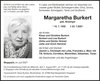 Traueranzeige von Margaretha Burkert von Fränkische Nachrichten