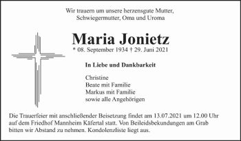 Traueranzeige von Maria Jonietz von Mannheimer Morgen