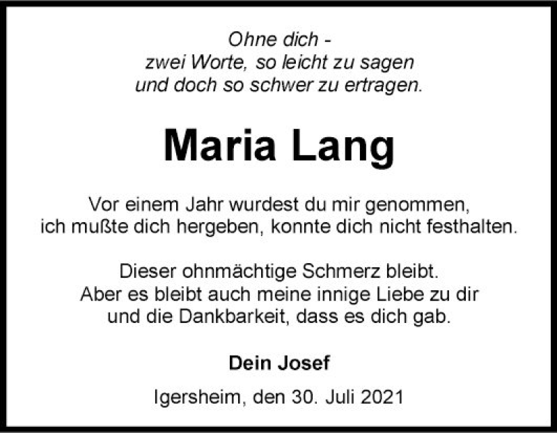  Traueranzeige für Maria Lang vom 31.07.2021 aus Fränkische Nachrichten