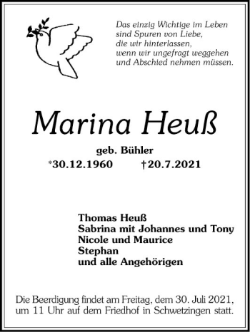 Traueranzeige von Marina Heuß von Schwetzinger Zeitung