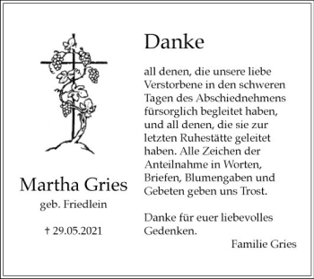 Traueranzeige von Martha Gries von Fränkische Nachrichten