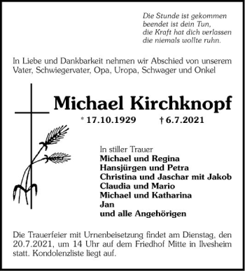 Traueranzeige von Michael Kirchknopf von Mannheimer Morgen