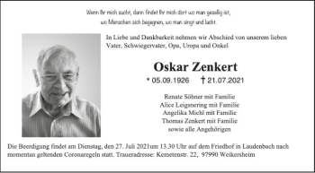 Traueranzeige von Oskar Zenkert von Fränkische Nachrichten