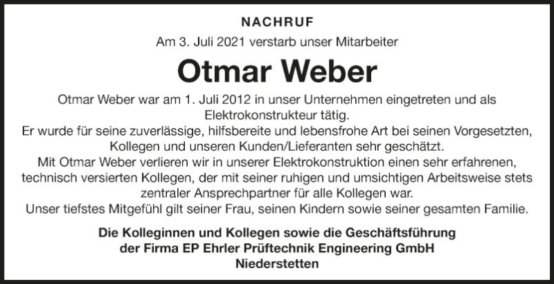  Traueranzeige für Otmar Weber vom 13.07.2021 aus Fränkische Nachrichten