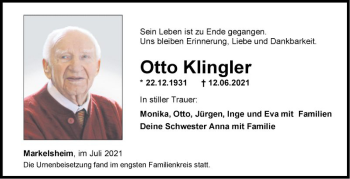 Traueranzeige von Otto Klingler von Fränkische Nachrichten