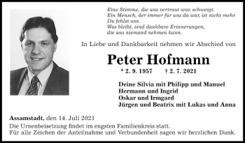 Traueranzeige von Peter Hofmann von Fränkische Nachrichten