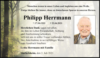 Traueranzeige von Philipp Herrmann von Fränkische Nachrichten