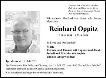 Traueranzeige von Reinhard Oppitz von Fränkische Nachrichten