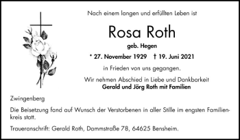 Traueranzeige von Rosa Roth von Bergsträßer Anzeiger