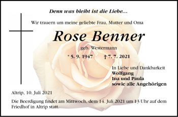 Traueranzeige von Rose Benner von Mannheimer Morgen