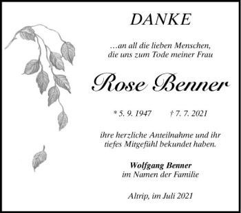 Traueranzeige von Rose Benner von Mannheimer Morgen