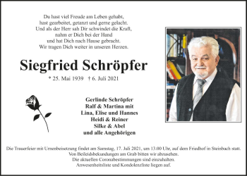 Traueranzeige von Siegfried Schröpfer von Fränkische Nachrichten