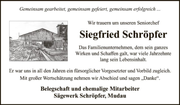 Traueranzeige von Siegfried Schröpfer von Fränkische Nachrichten