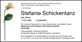 Traueranzeige von Stefanie Schickentanz von Schwetzinger Zeitung