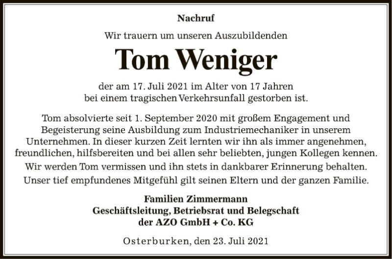  Traueranzeige für Tom Weniger vom 23.07.2021 aus Fränkische Nachrichten