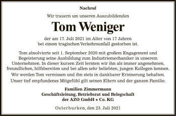 Traueranzeige von Tom Weniger von Fränkische Nachrichten