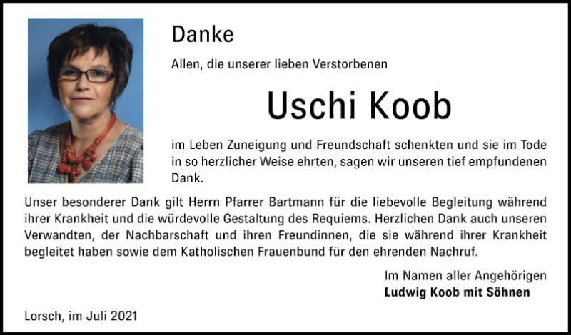  Traueranzeige für Uschi Koob vom 31.07.2021 aus Bergsträßer Anzeiger