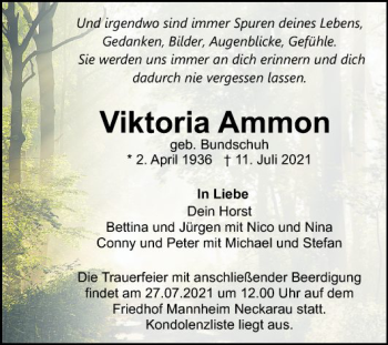 Traueranzeige von Viktoria Ammon von Mannheimer Morgen