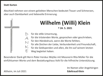 Traueranzeige von Wilhelm  Klein von Fränkische Nachrichten