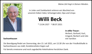 Traueranzeige von Willi Beck von Fränkische Nachrichten