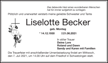 Traueranzeige von Lieselotte Becker von Mannheimer Morgen