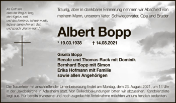 Traueranzeige von Albert Bopp von Fränkische Nachrichten