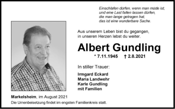 Traueranzeige von Albert Gundling von Fränkische Nachrichten