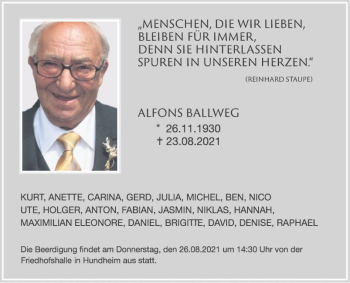 Traueranzeige von Alfons Ballweg von Fränkische Nachrichten