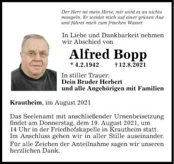 Traueranzeige von Alfred Bopp von Fränkische Nachrichten