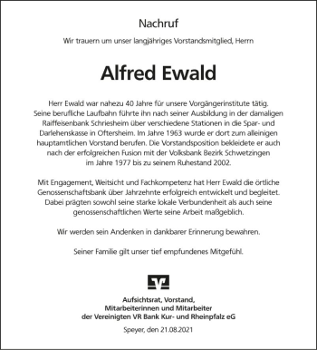 Traueranzeige von Alfred Ewald von Schwetzinger Zeitung