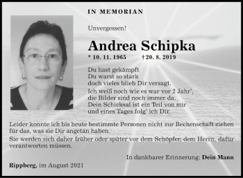 Traueranzeige von Andrea Schipka von Fränkische Nachrichten