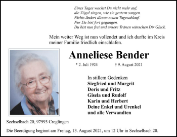 Traueranzeige von Anneliese Bender von Fränkische Nachrichten