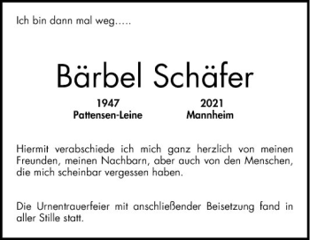 Traueranzeige von Bärbel Schäfer von Mannheimer Morgen