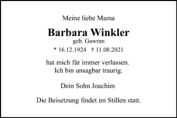 Traueranzeige von Barbara Winkler von Mannheimer Morgen