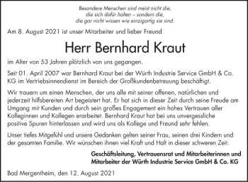 Traueranzeige von Bernhard Kraut von Fränkische Nachrichten