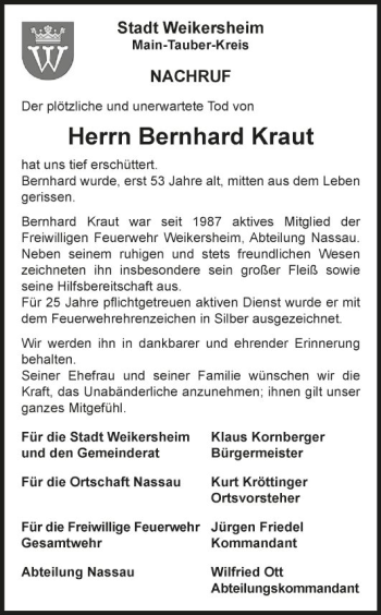 Traueranzeige von Bernhard Kraut von Fränkische Nachrichten