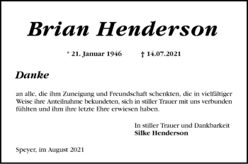 Traueranzeige von Brian Henderson von Mannheimer Morgen