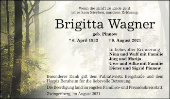 Traueranzeige von Brigitta Wagner von Bergsträßer Anzeiger