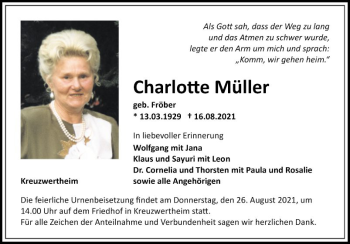 Traueranzeige von Charlotte Müller von Fränkische Nachrichten