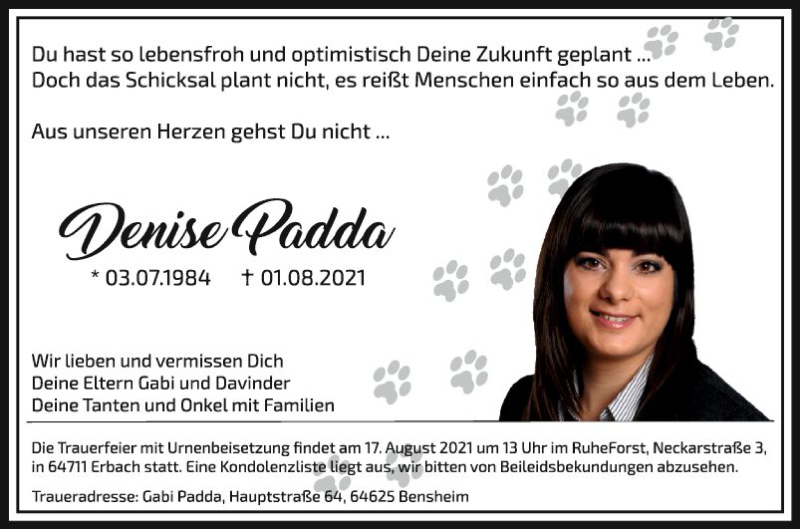  Traueranzeige für Denise Padda vom 07.08.2021 aus Bergsträßer Anzeiger