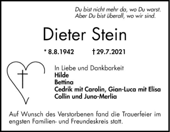 Traueranzeige von Dieter Stein von Mannheimer Morgen