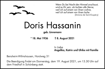 Traueranzeige von Doris Hassanin von Bergsträßer Anzeiger