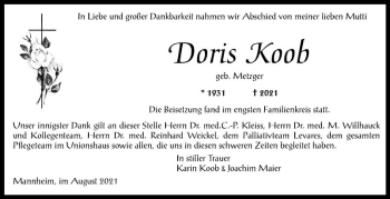 Traueranzeige von Doris Koob von Mannheimer Morgen