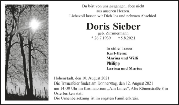 Traueranzeige von Doris Sieber von Fränkische Nachrichten