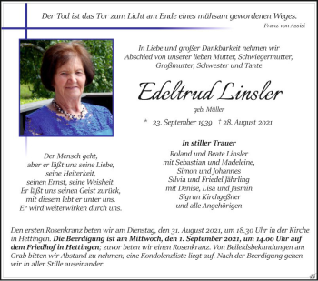 Traueranzeige von Edeltrud Linsler von Fränkische Nachrichten