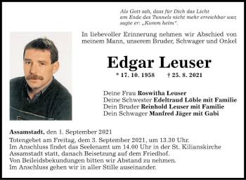 Traueranzeige von Edgar Leuser von Fränkische Nachrichten